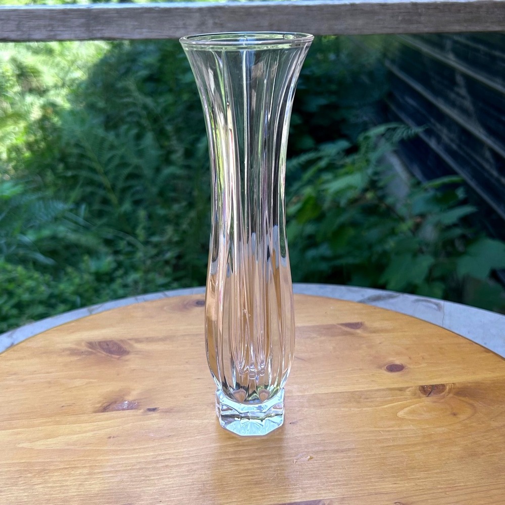 Vintage Bud Vase Clear Slender Tall Ribbed Optic Hexagonal Base Crystal Mikasa